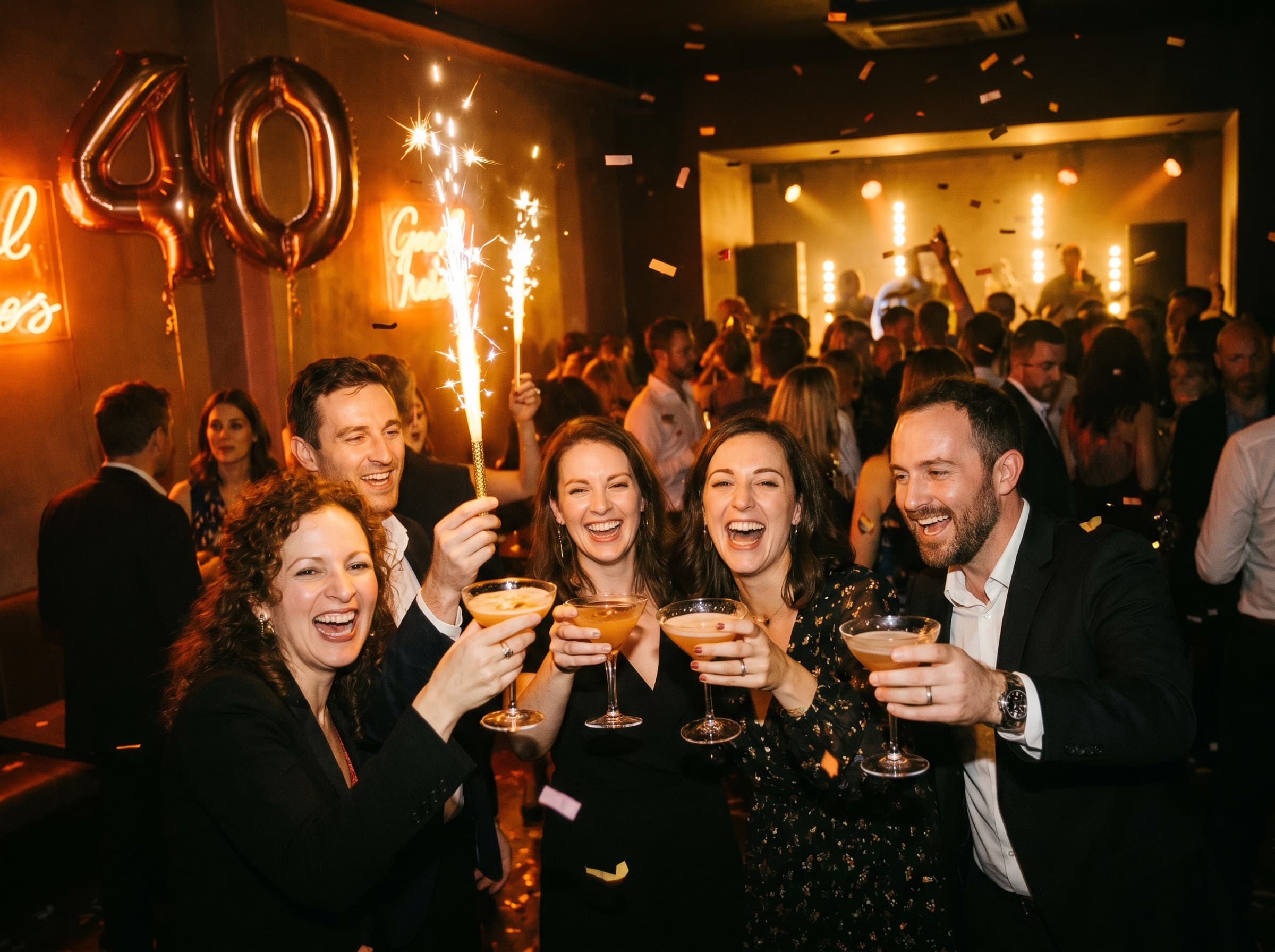 Groupe d'amis trinquant lors d'une soirée d'anniversaire