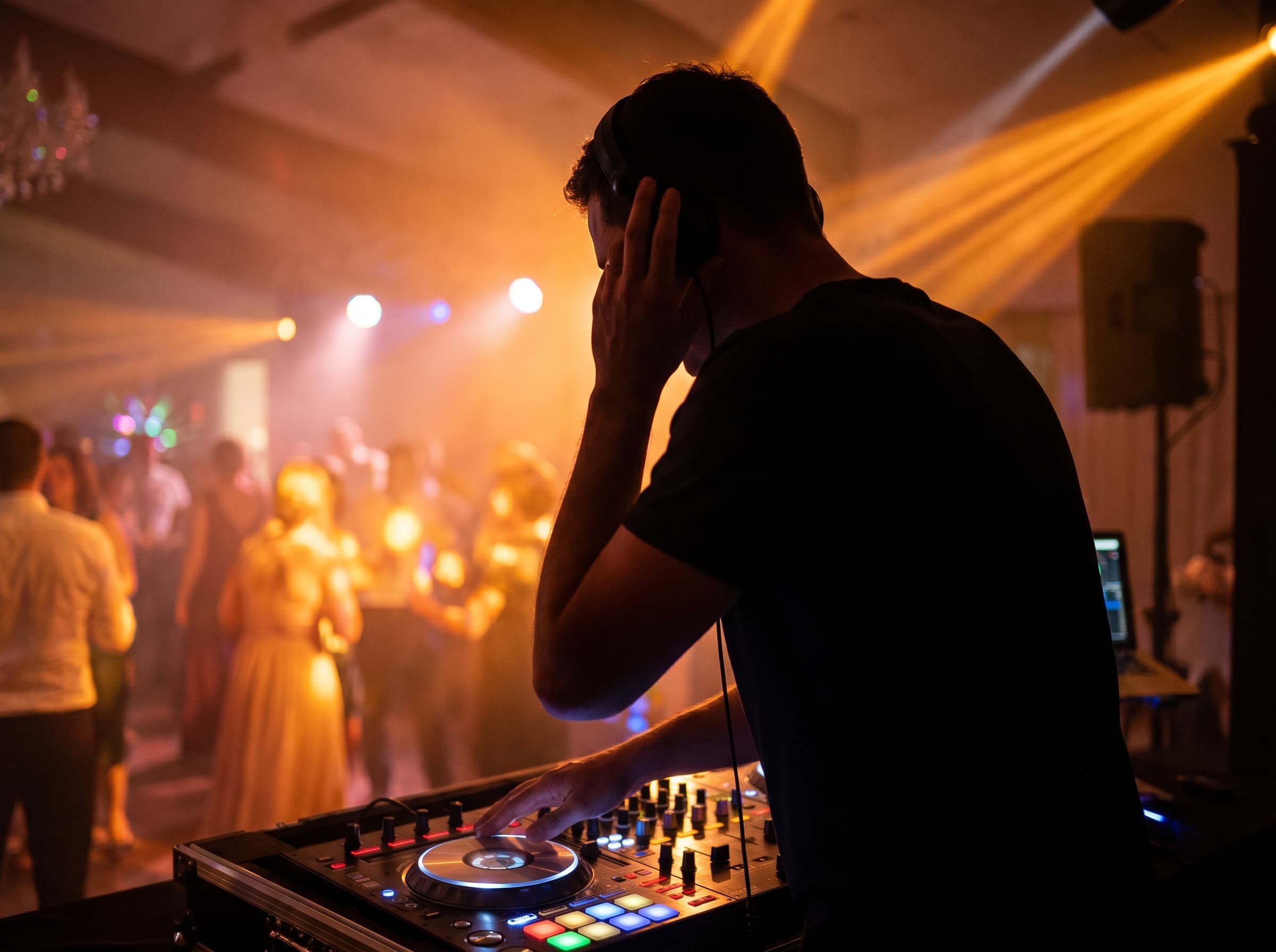 DJ INSTAN ÉVÉNEMENT aux platines pendant un set, dancefloor en arrière-plan